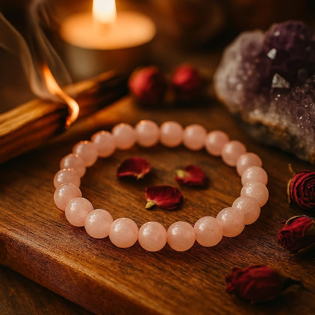 Pink rose quartz bead bracelet with rose petals