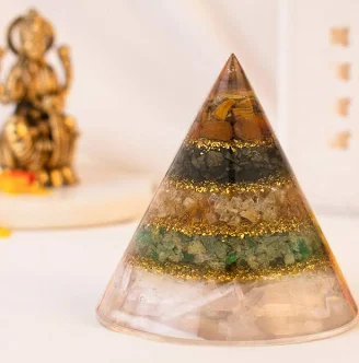 Conical Dhan Yog crystal pyramid with tiger eye and green aventurine