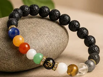 Navgrah bracelet with lava beads, chakra stones and Om bead