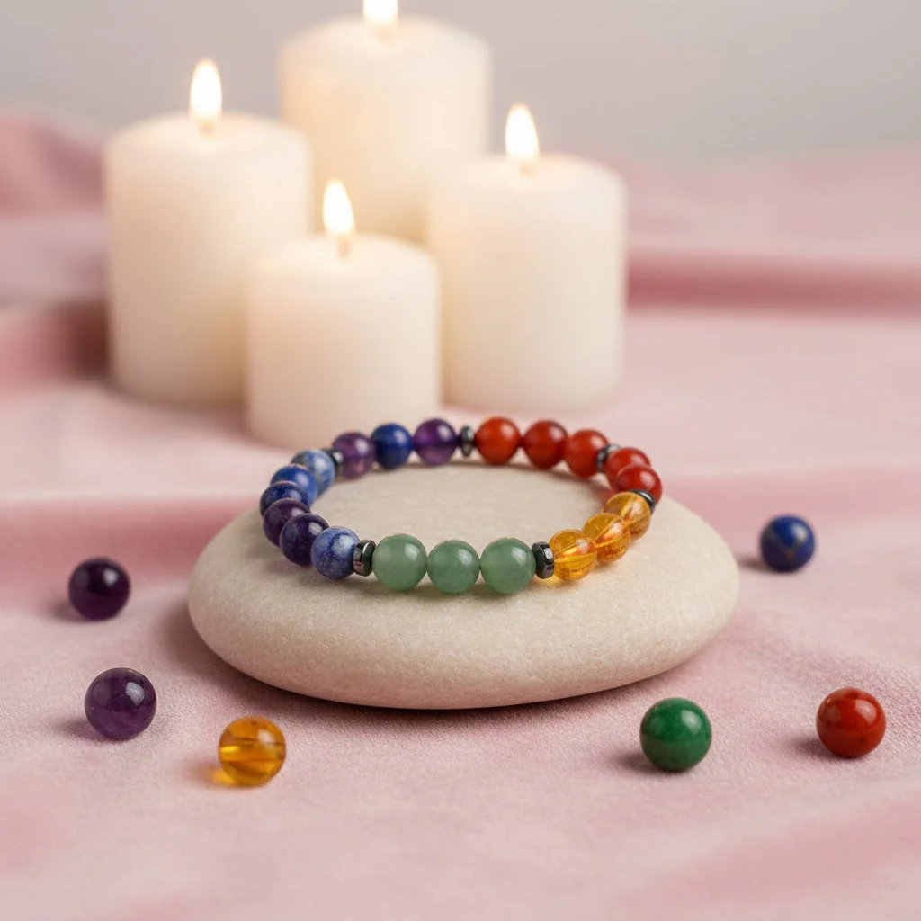 Seven chakra bracelet with multicoloured beads and silver spacers