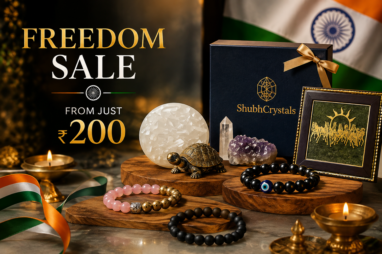 Freedom Sale from just ₹200 — crystal bracelets, selenite plate, pyrite tortoise and 7 horses frame in ShubhCrystals gift packaging
